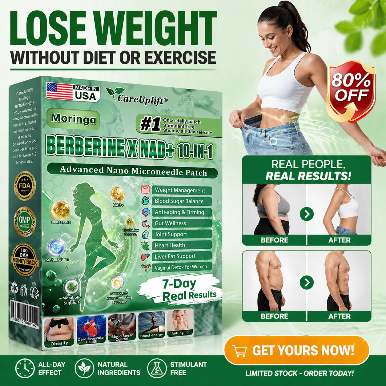 🌿😊 GLŌRENDA® Moringa · Berberine × NAD+ 10-in-1 Nano Slim Patch (Once a Day • Visible Results in 7 Days)